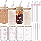 Yetene 4 Set 16 oz Coquette Bows Glass Cups with Lids and Bows Straws Cleaning Brushes Aesthetic Iced Coffee Cup Reusable Mug for Women Sister Birthday Gift Not Dishwasher Safe(Pink,Bow)