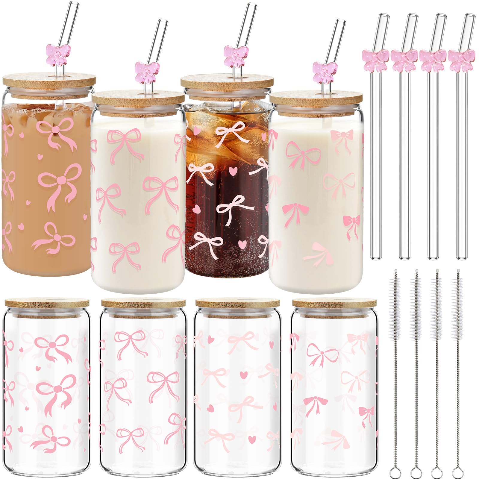 Yetene 4 Set 16 oz Coquette Bows Glass Cups with Lids and Bows Straws ...
