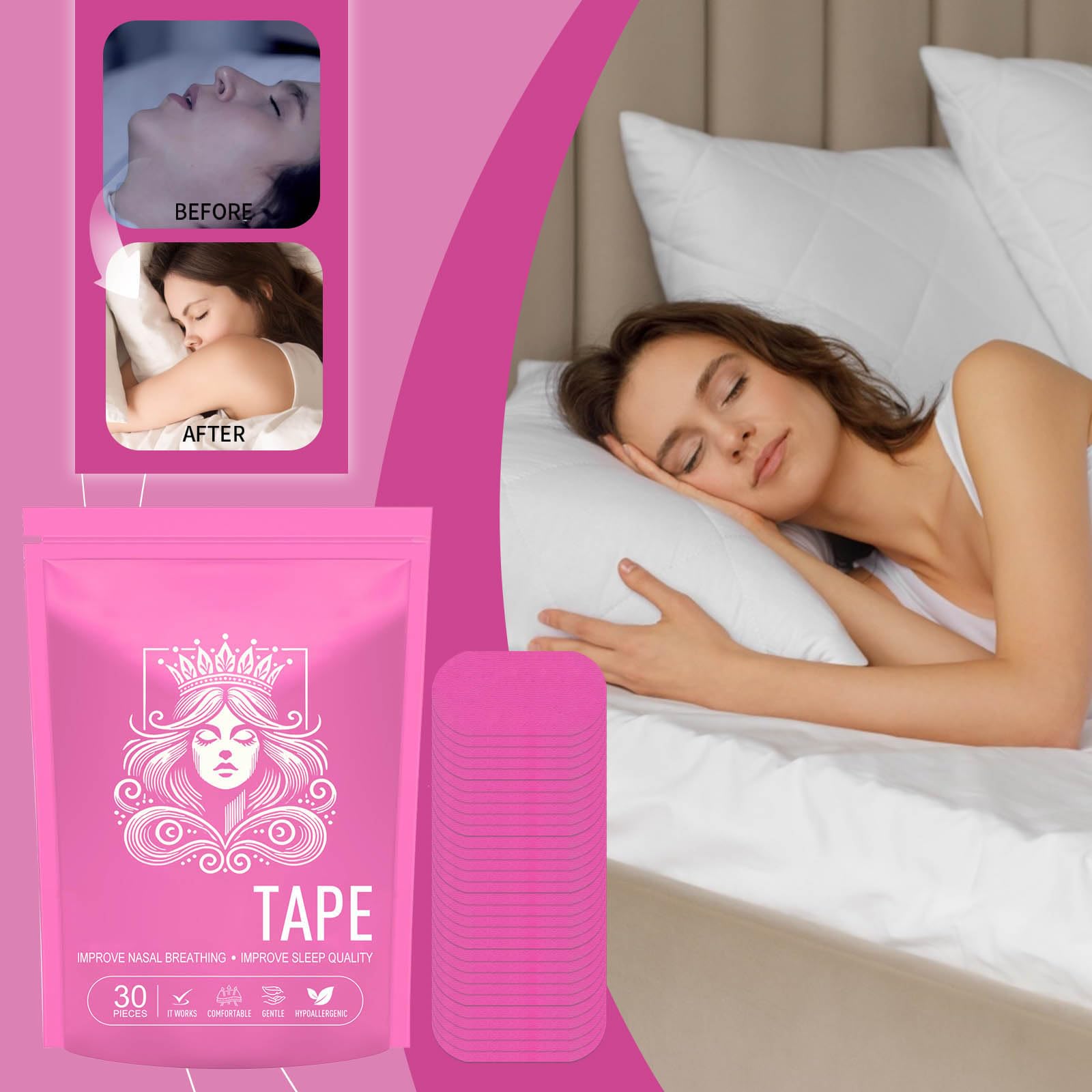 Mouth Tape for Sleeping, 30 White Strips, Gentle, Drug-Free, Improved Nasal Breathing and Reduced Snoring, Snoring Aid for Men and Women, Anti-Snoring Device, Easy Application and Removal (A)