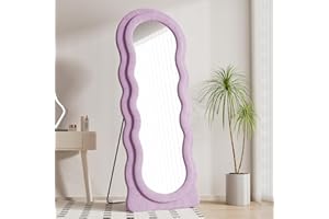 Dewfig Wavy Full Length Mirror with Stand, 63" x 24" Irregular Floor Mirror, Large Floor Length Mirror, Freestanding/Leaning/Wall Mounted, Flannel Wrapped Wooden Frame for Bedroom/Living Room, Purple