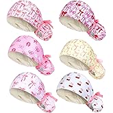 Jadive 6Pcs Satin Lined Working Hat Coquette Bow Scrub Cap Adjustable Pink Tie Back Bouffant Hat with Button for Doctor Nurse