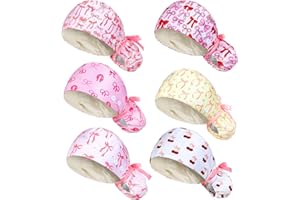 Jadive 6Pcs Satin Lined Working Hat Coquette Bow Scrub Cap Adjustable Pink Tie Back Bouffant Hat with Button for Doctor Nurse