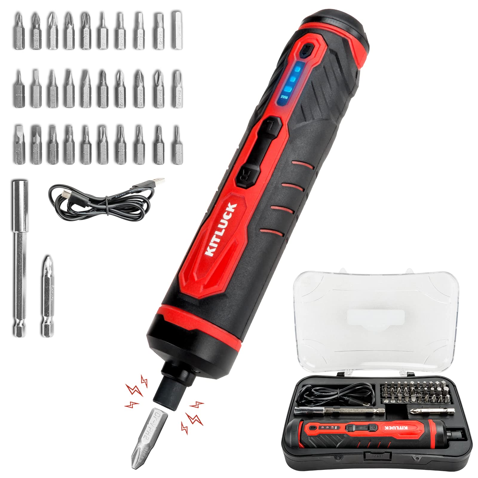 Photo 1 of Electric Screwdriver, 4V Power Cordless Screwdriver Rechargeable Set with Li-ion Battery, 31 Bits&Extension Rod, 3 LED, 3 Adjustable Torque, Magnetic Hex Chuck, Mini Electric Screw driver Kit