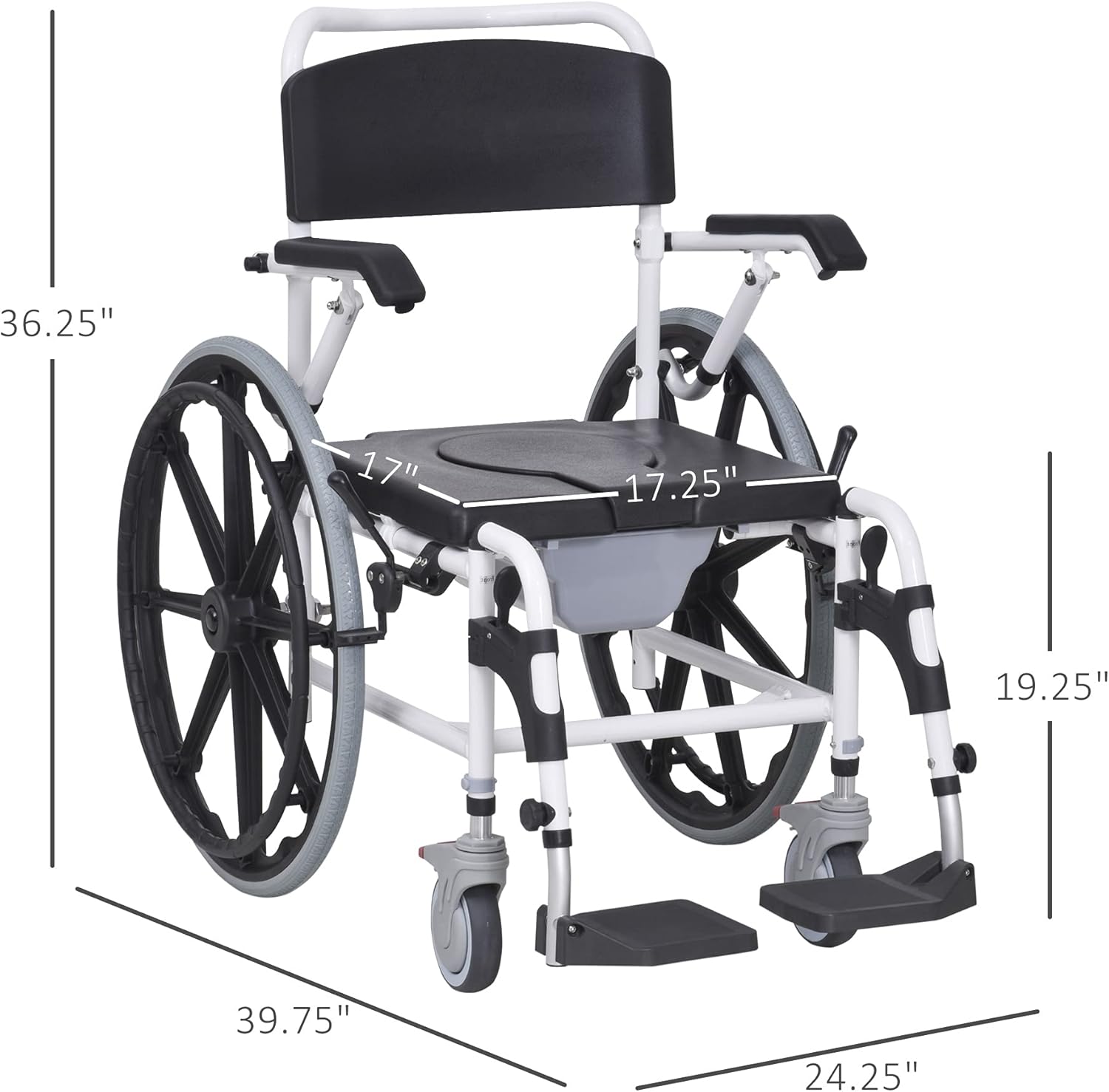 HomCom Rolling Shower Wheelchair Bath Toilet Commode Bariatric with 24" Wheels, Detachable Bucket & Shower-Proof Design, Black: Health & Personal Care