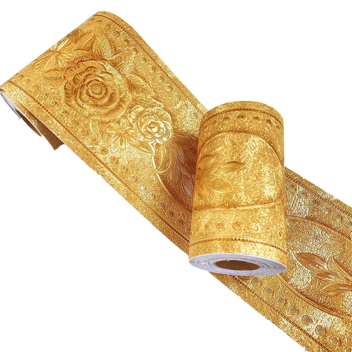 Mesoar Elegant 3D Gold Floral Wallpaper Border Wall Peel Stick Molding Border Home Ceiling Sticker for Bathroom Living Room Kitchen Wall 10cm by 16.4ft