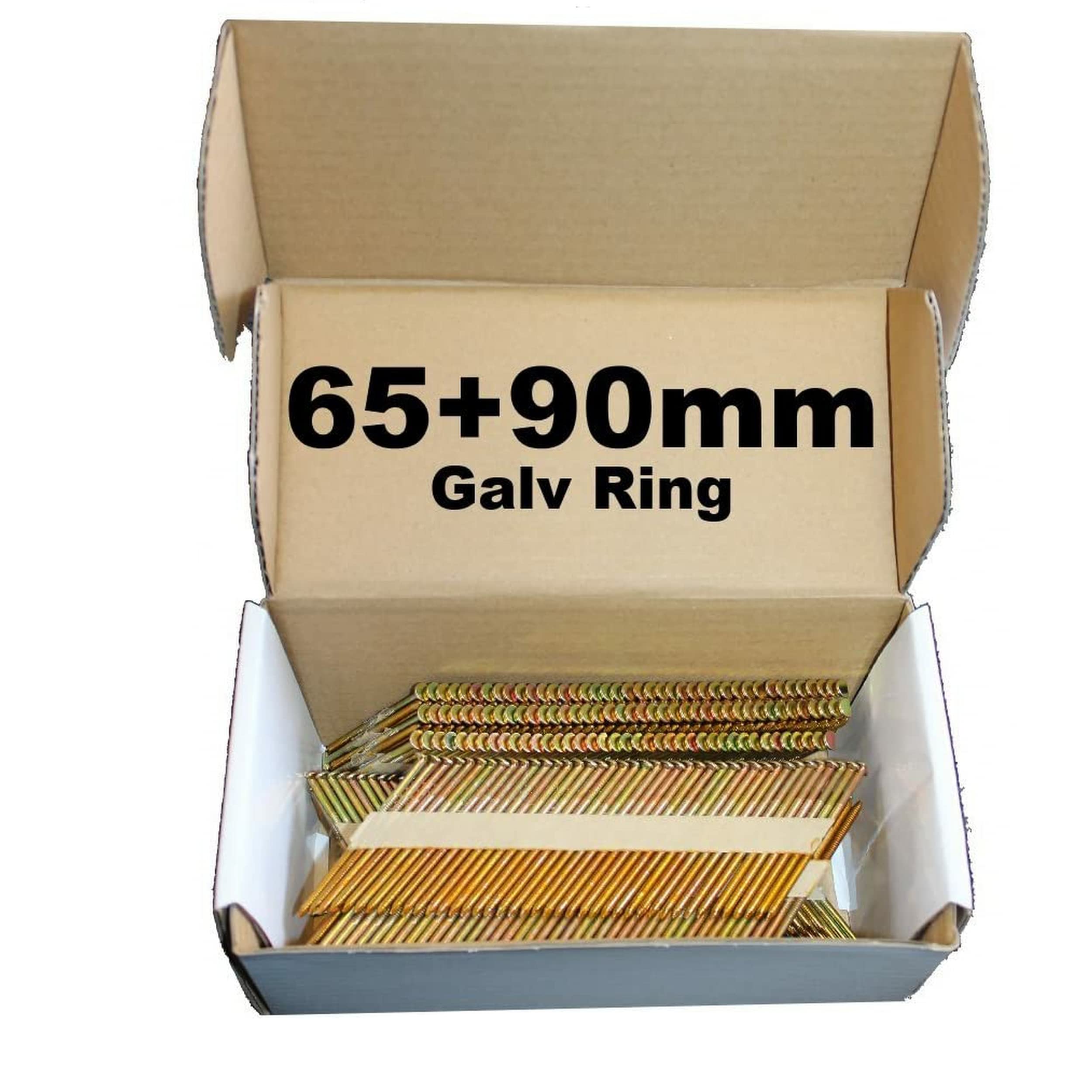 Mixed Pack 520 x 65mm Galv Ring + 520 x 90mm Galv Ring Framing Nails,Clipped D-Head, for DEWALT 18v Cordless DCN692