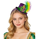 QLINLEAF Mardi Gras Mini Top Hat Headband Purple Mardi Gras Hats Fleur De Lis with Feather for Women Halloween Cosplay Costume Party
