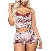 Michellecmm Women Velvet 2 Piece Outfit Sexy Strappy Babydoll Lingerie Pajama Set Camisole with Shorts Sleepwear Nightwear