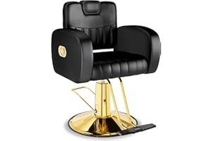 Baasha Ergonomic Black and Gold Salon Chair with Comfortable Thickened Cushions, Heavy Duty Reclining Stylist Chair for Hair braiding, Extensions, Tattooing, Weight Capacity 440 lbs