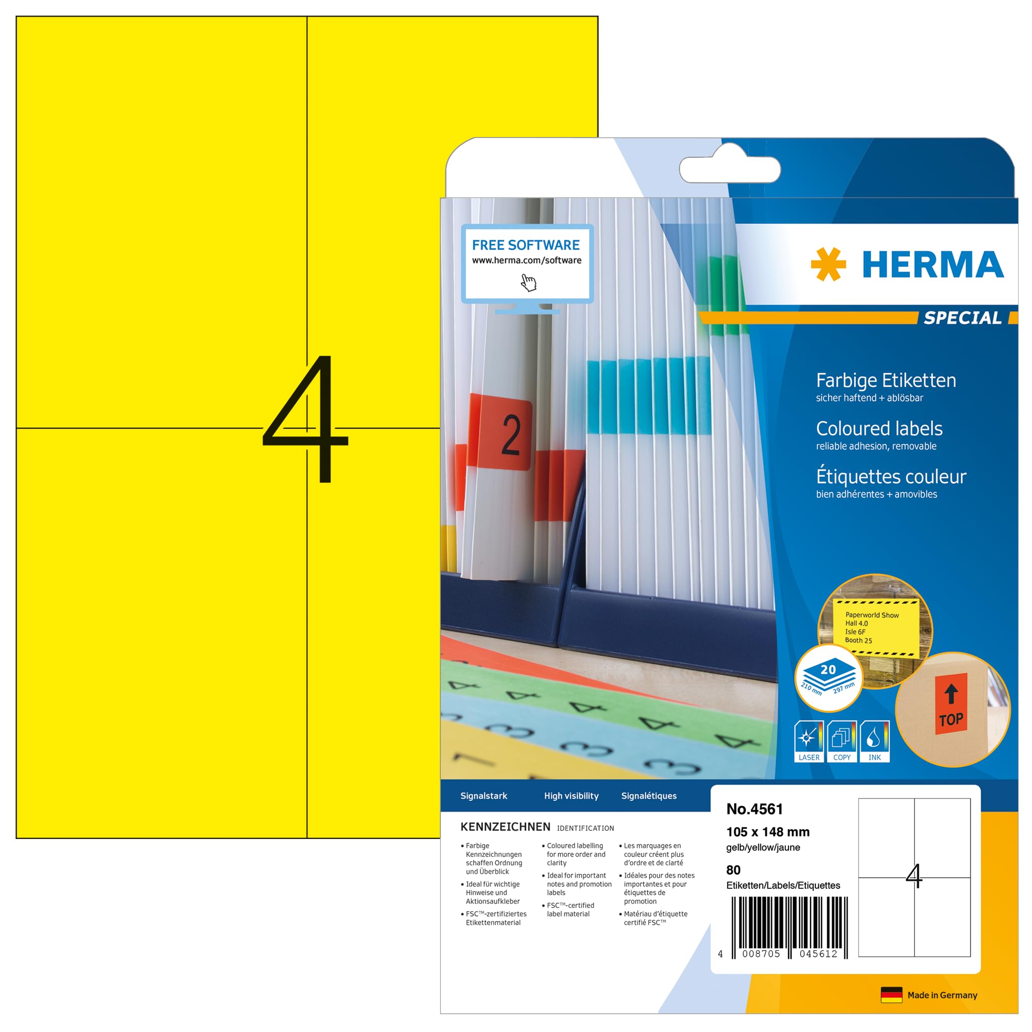 HERMA Self-Adhesive Colored Labels - 4 per A4 Sheet, 20 Sheets, 105 x 148 mm, 80 Total, Removable Stickers for Laser & Inkjet Printers, Yellow