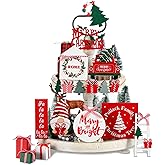 18 Pcs Christmas Tiered Tray Decor Gnome Santa Wood Sign Xmas Tree Table Centerpiece Farmhouse Rustic Table Decor for Winter New Year Home Tabletop