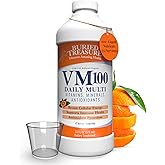 Buried Treasure VM100 Daily Liquid Multivitamin for Adults with Dose Cup, Measured Liquid Vitamins & Minerals with Antioxidants, Vegan, Sugar Free, Orange Zest, 32 Servings