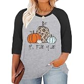Plus Size Halloween Pumpkin Shirt Women 3/4 Sleeve Tops Its Fall Yall Print Tshirt Thanksgiving Gift