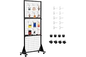 wuyule 3 Layers Grid Wall Panels with Stand 5.25' x 2' Heavy Movable Wire GridWall Panel Tower with T-Base Floorstanding on Wheels for Craft Shows, Retail, Home
