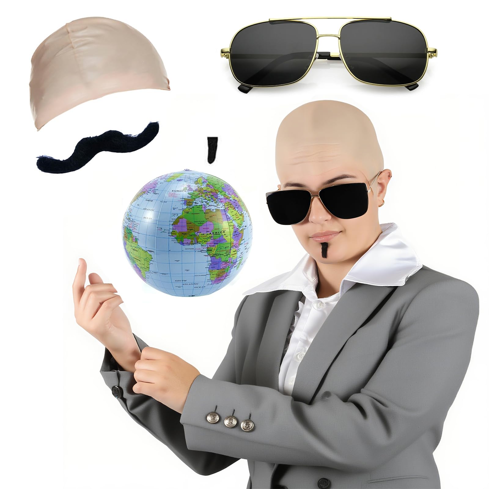 TUBAWD 5Pcs Set Bald Cap Pitbull, and Sunglasses Set - Nude Latex Bald Cap, Black Sunglasses, Inflatable Globe, Two Soul Patch - Music Icon Famous Celebrity Fancy Costume Accessory