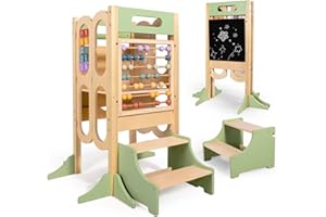 aiwo 6in1 Foldable Toddler Tower with 2-Step Stool Kitchen Standing Stool, 3 Adjustable Heights, Chalk-Whiteboard & Learning Activity Games