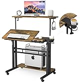 Mobile Standing Desk, Adjustable Rolling Computer Desk with 3 Desktops, Portable Laptop Table with Cup Holder, Home Office Laptop Workstation on Lockable Wheels, Black, Rustic Brown