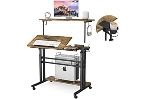 PANTA Mobile Standing Desk, Adjustable Rolling Computer Desk with 3 Desktops, Portable Laptop Table with Cup Holder, Home Office Laptop Workstation on Lockable Wheels, Black, Rustic Brown