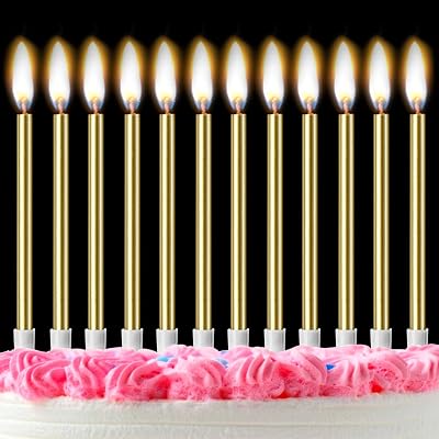 LFBEST Gold Birthday Candles 12Pcs with Holder Metallic Glitter 13cm