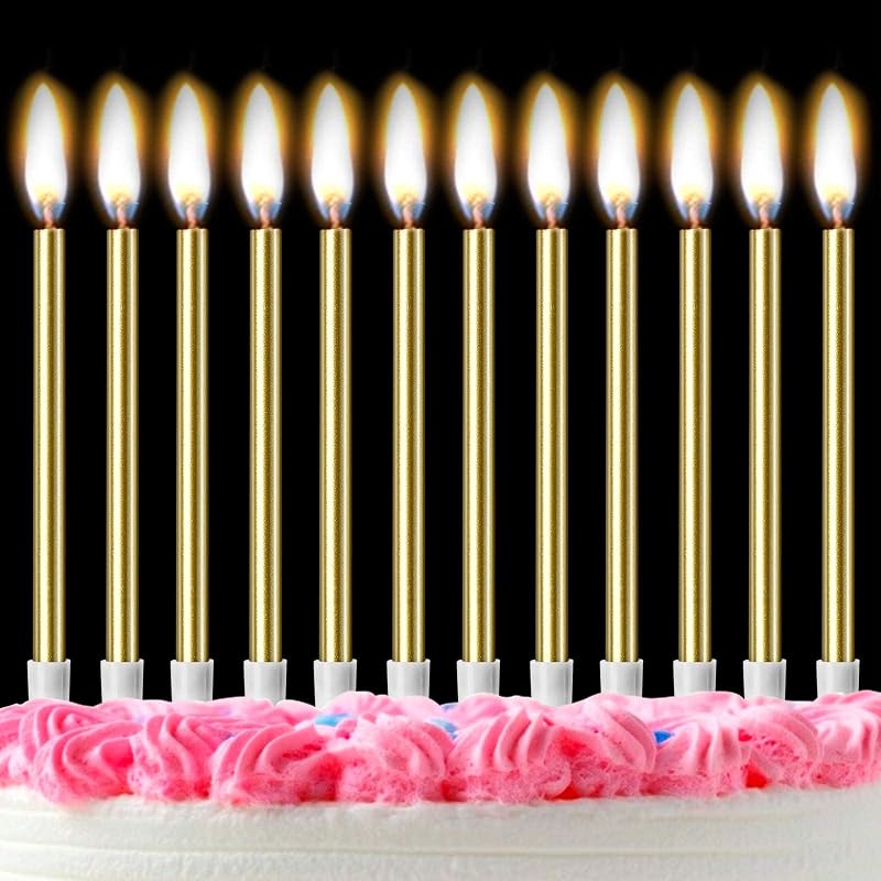 LFBEST Gold Birthday Candles 12Pcs with Holder Metallic Glitter 13cm
