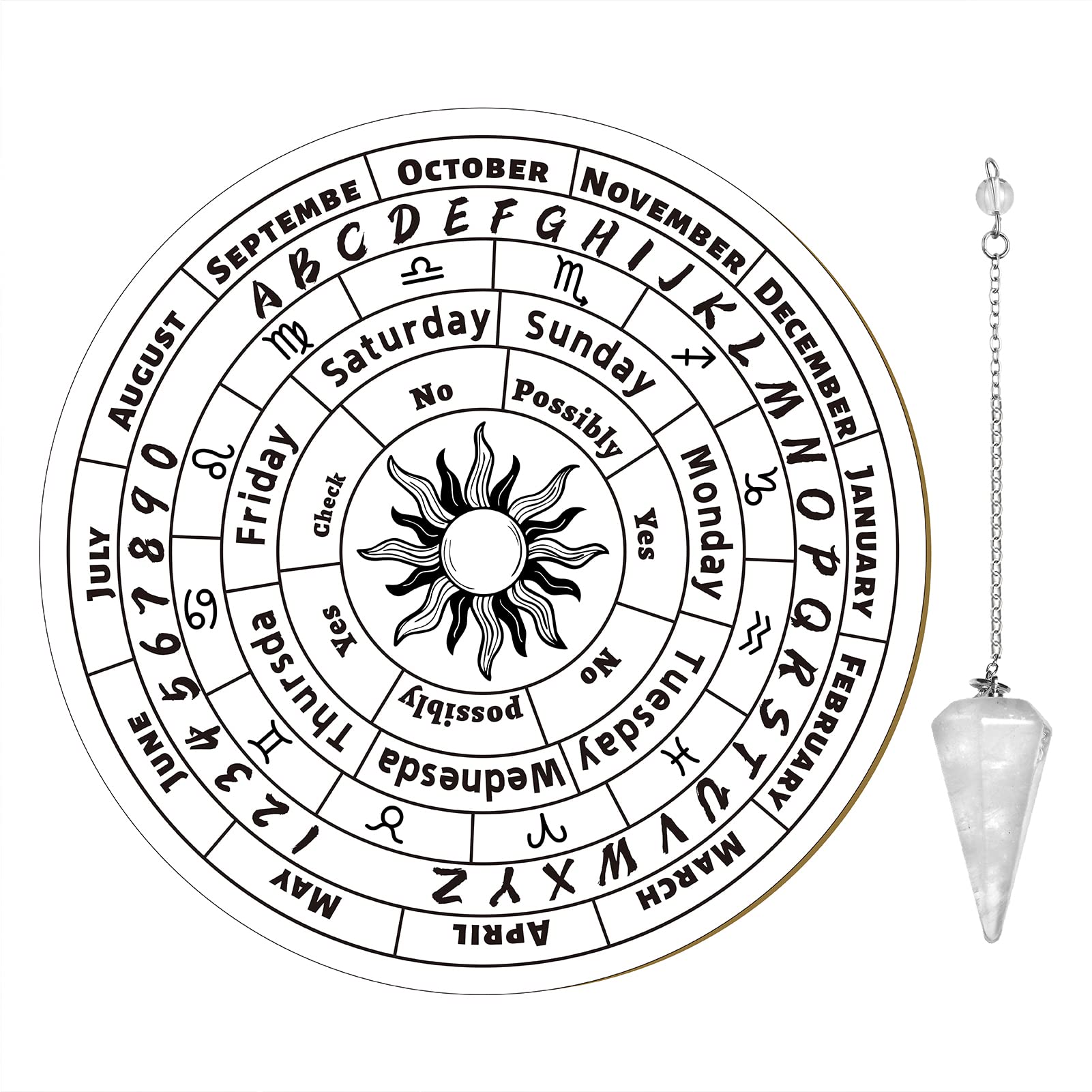 CREATCABIN Pendulum Board With Crystal Pendulum Sun Wooden Carven Metaphysical Message Board Dowsing Divination Mat Witchcraft Altar Supplies Kit for Wiccan Beginner Spirit Decoration 7.9inch