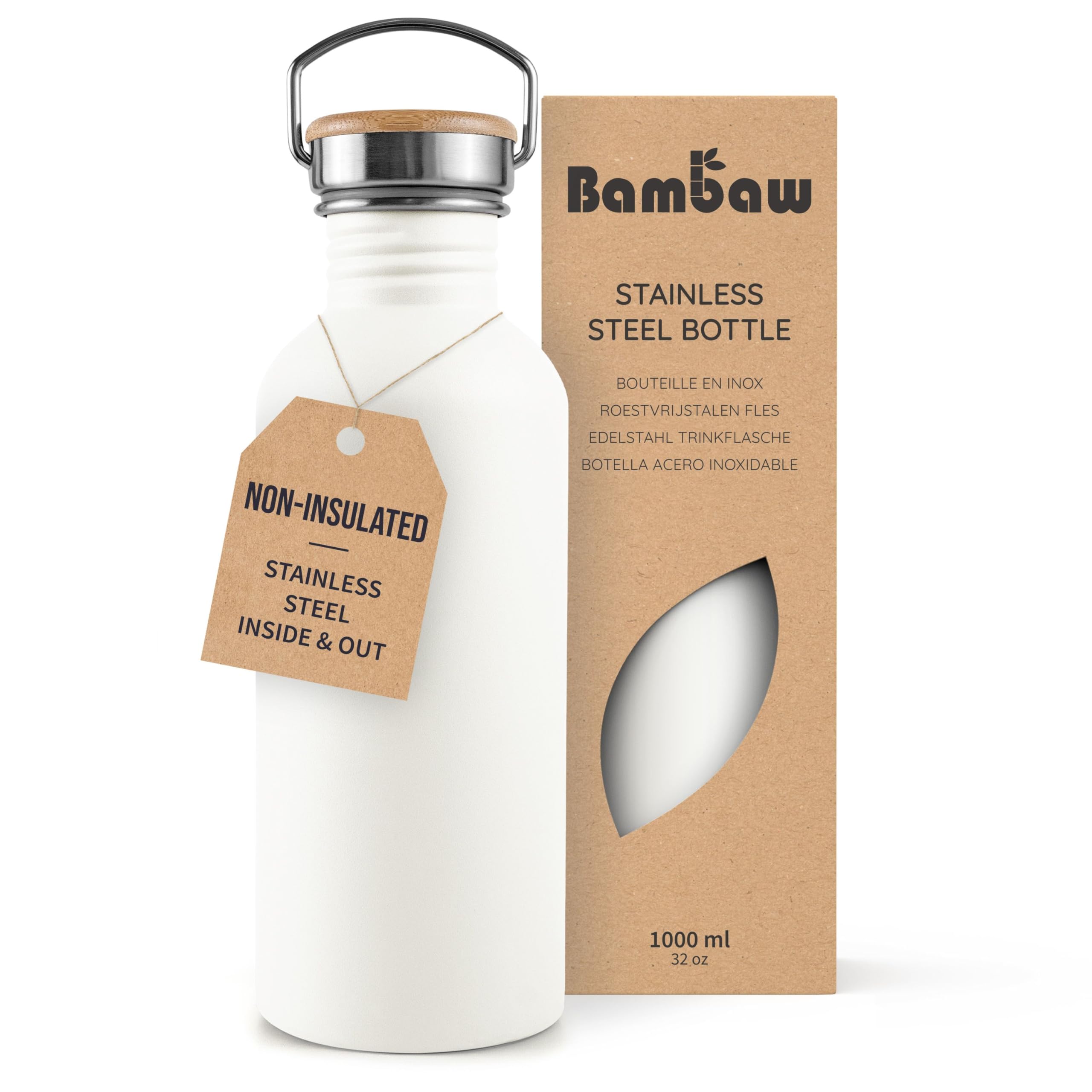 Bambaw Stainless Steel Water Bottle 1L - Non-Insulated, Metal, BPA Free, Leak Proof, Reusable - Polar White