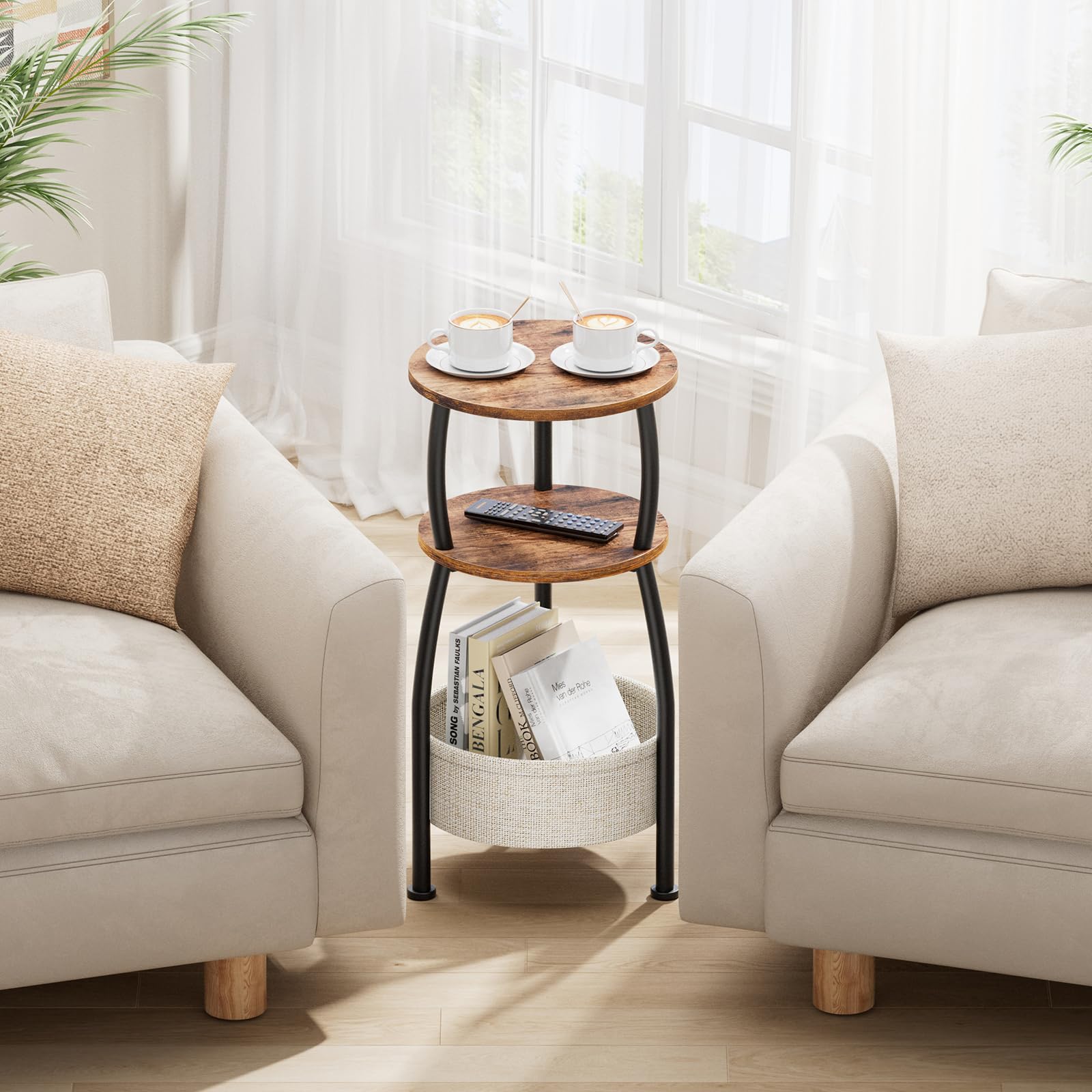 Yuede Round Side Table for Small Spaces with Storage Basket –Small End Table 3-Tier Night Stand Sofa Corner Table for Living Room, Bedroom, Patio and More 24in Tall Rustic Brown
