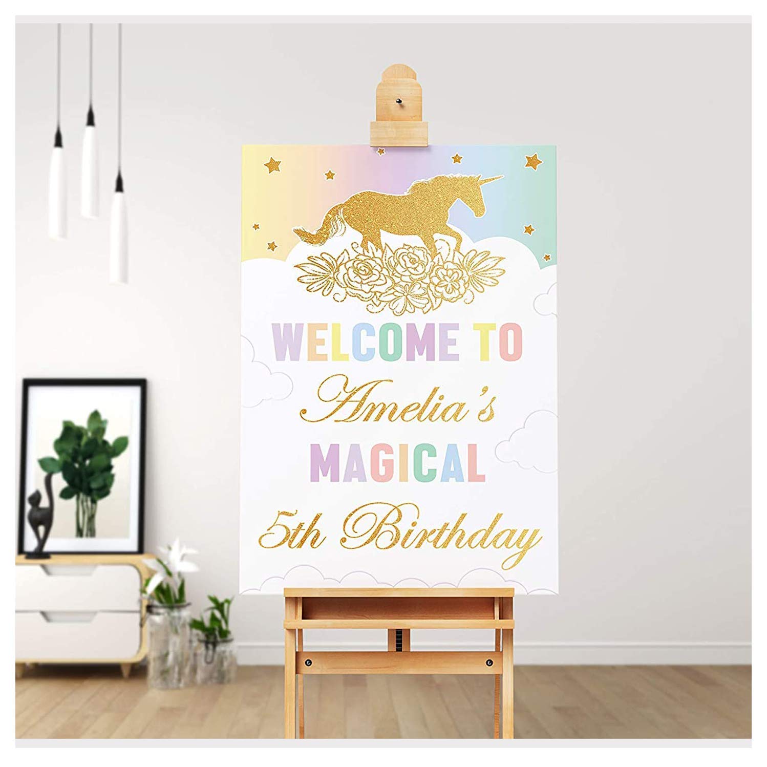 SPEEDYORDERS - Gold Magical Unicorn Birthday Welcome Sign, Any Age Magical Birthday Banner Custom Names Poster Handmade Party Supply Poster Print, Size 24x18, 36x24 and 48x36