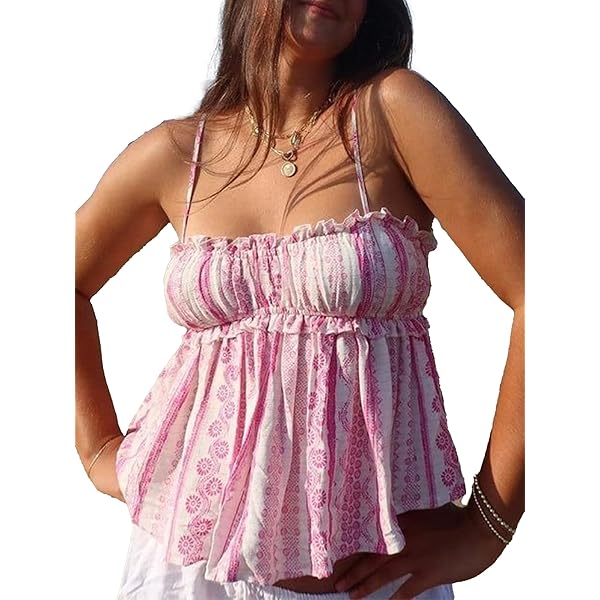 Women's Summer Spaghetti Strap Cami Top Ruffle Hem Camisole