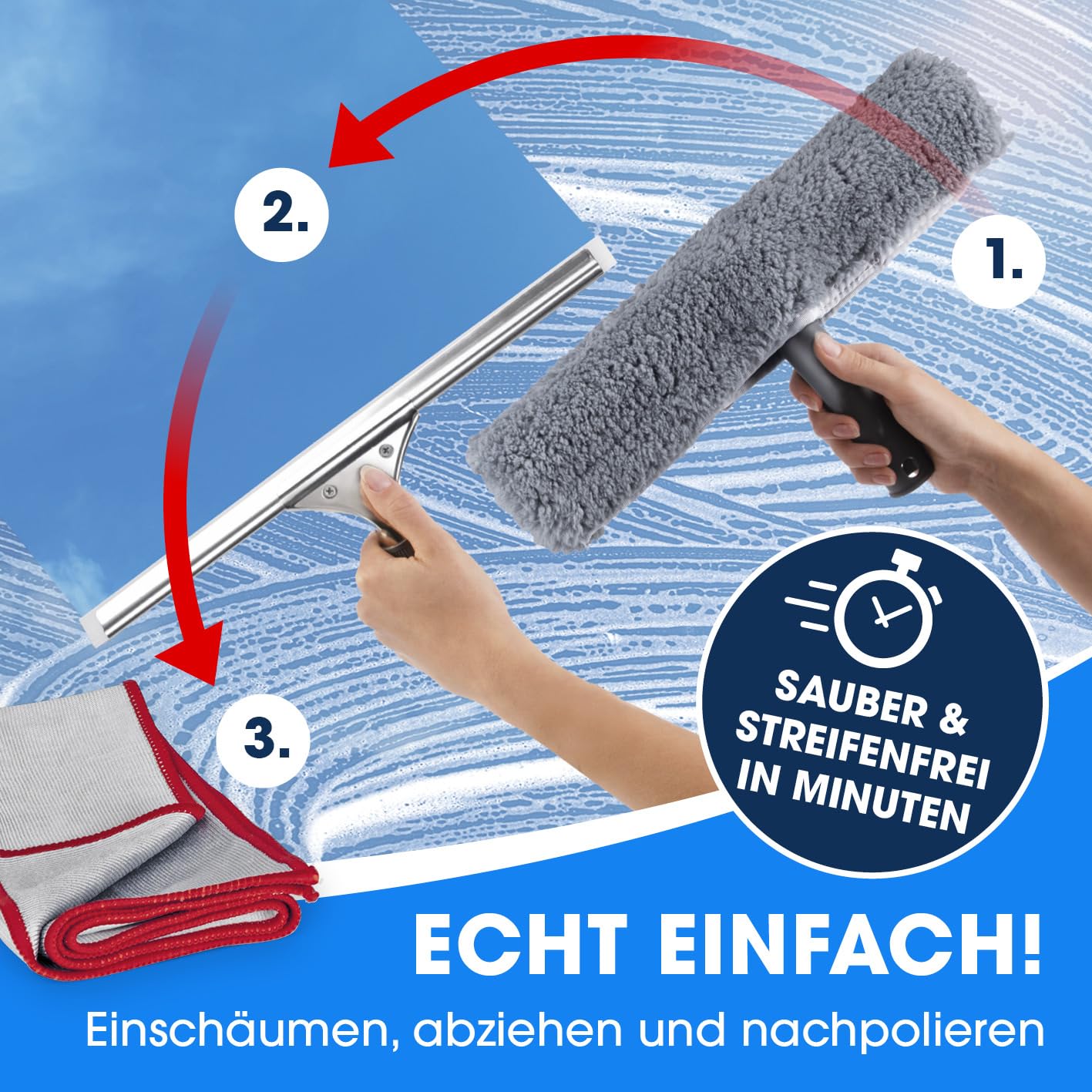 CLEANmaxx Fensterreiniger Set | 7-TLG. Fensterputzer Set für Oberflächen in Haus & Auto - inklusive Fensterabzieher, Fensterwischer, Reiniger, Wischtuch, Eimer und Halterungen für Wischer & Abzieher 3