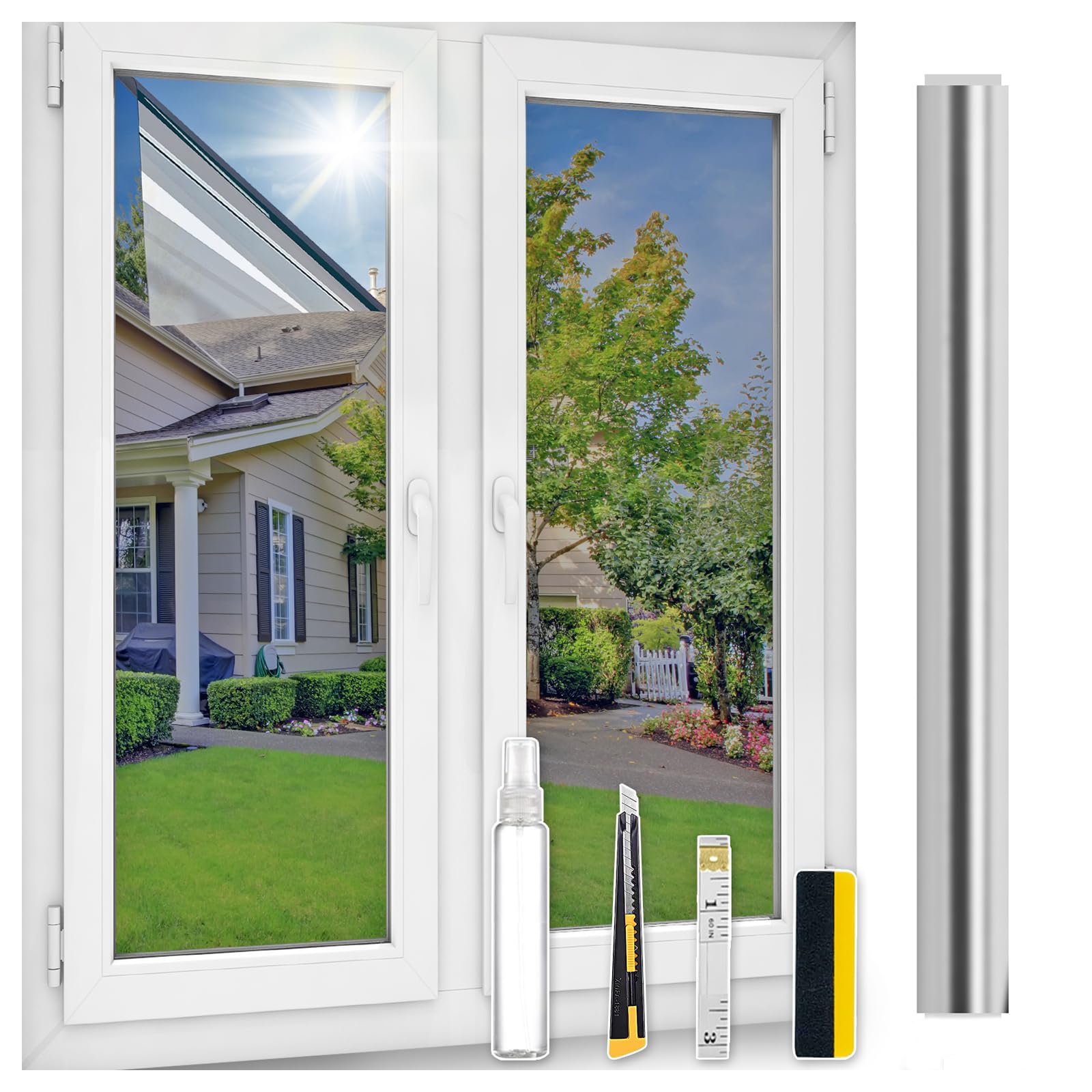 ConCus-T One Way Window Film UV Sun Blocking Heat Control Reflective Window Tint Static Cling Mirror Film Privacy Solar Film With Kits, Silver, 90x200cm