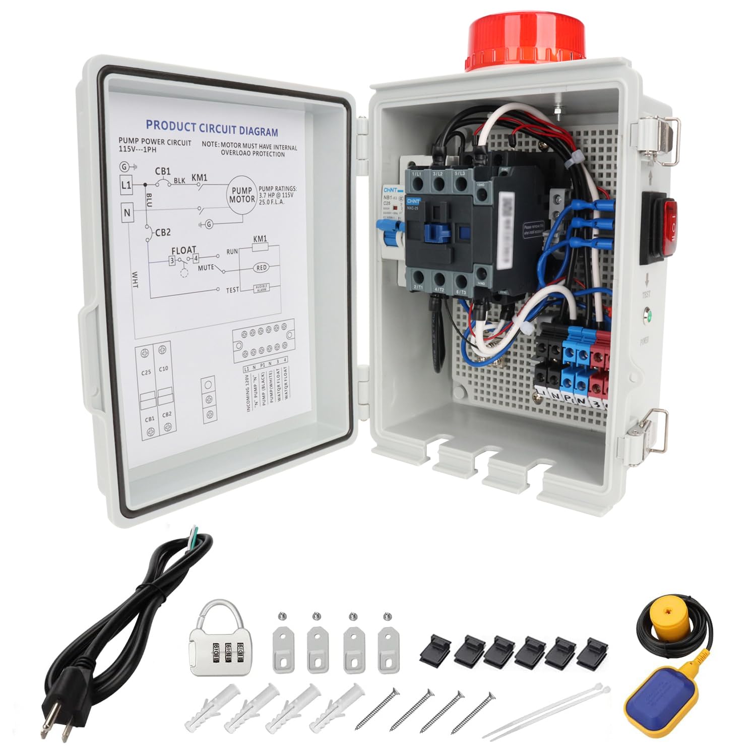 Photo 1 of Upgraded Septic Control Panel with Septic Alarm, Pump Circuit Breaker, 14 AWG Power Cord, Float Switch, High Water Septic Tank Alarm with Flashing Lights, 110 DB Audible for Efficient Warning