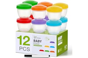 Hlukana 12 Pack Leakproof Baby Food Storage Containers, 4 oz Plastic Baby Food Jars with Lids, Reusable Small Baby Food Jars, Lock in Freshness, Freezer & Dishwasher Safe, BPA Free, Snack Container