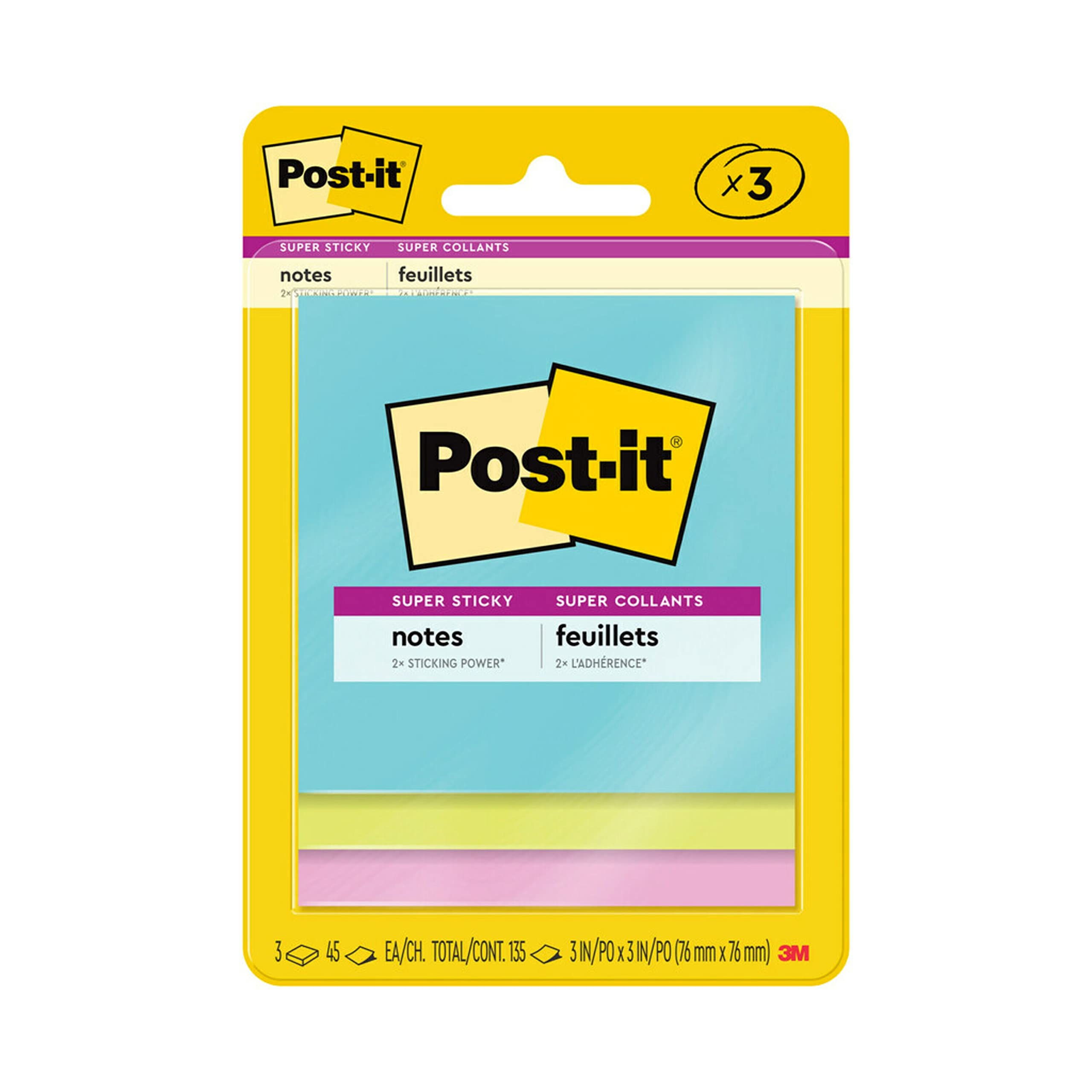 Post-it Super Sticky Notes, 3x3 in, 3 Pads, 2X The Sticking Power, Supernova Neons, Bright Colors, Recyclable (3321-SSMIA), (Pack of 48) Image