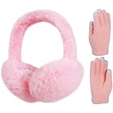 BEARAE Winter Ear Muffs Gloves Set, Fuax Fur Earmuffs with Glove, Foldable Fluffy Ear Warmer Muff for 7-12T Kids Girls Boys