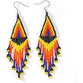 EQUBIO Bohemian Beaded Long Tassel Dangle Earrings for Women, Handmade Jewelry White Tarnish Resistant Lightweight Design, Stylish Accessory for Beach Vacation Party and Gift