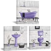 HOMEOART Bathroom Wall Art Bath Tub Painting Picture Bathroom Wall Decor Framed Ready to Hang 12x12inchx3 Purple