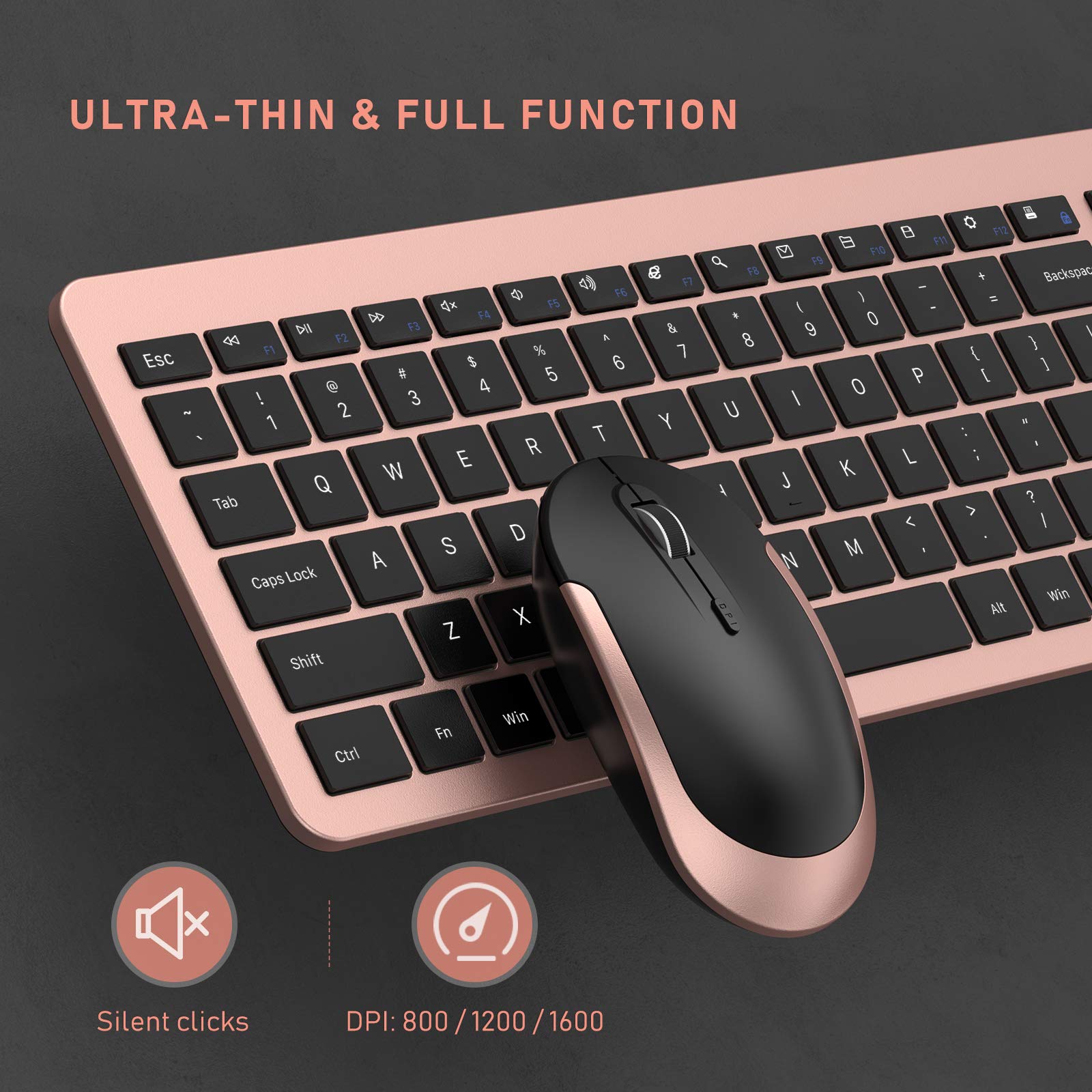 seenda Rechargeable Wireless Keyboard Mouse Combo Full Size Cordless Keyboard & Mouse Sets with Build-in Lithium Battery Ultra Thin Quiet Keyboard Mice (Rose Gold & Black)