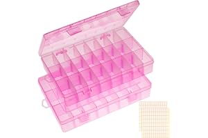 NIUBIER 2 Pack 24 Grids Pink Plastic Organizer Box, Storage Container with Adjustable Divider, Craft Organizers and Storage Bead Storage Organizer Box for DIY Jewelry Tackles with 2 Sheets Label Stickers