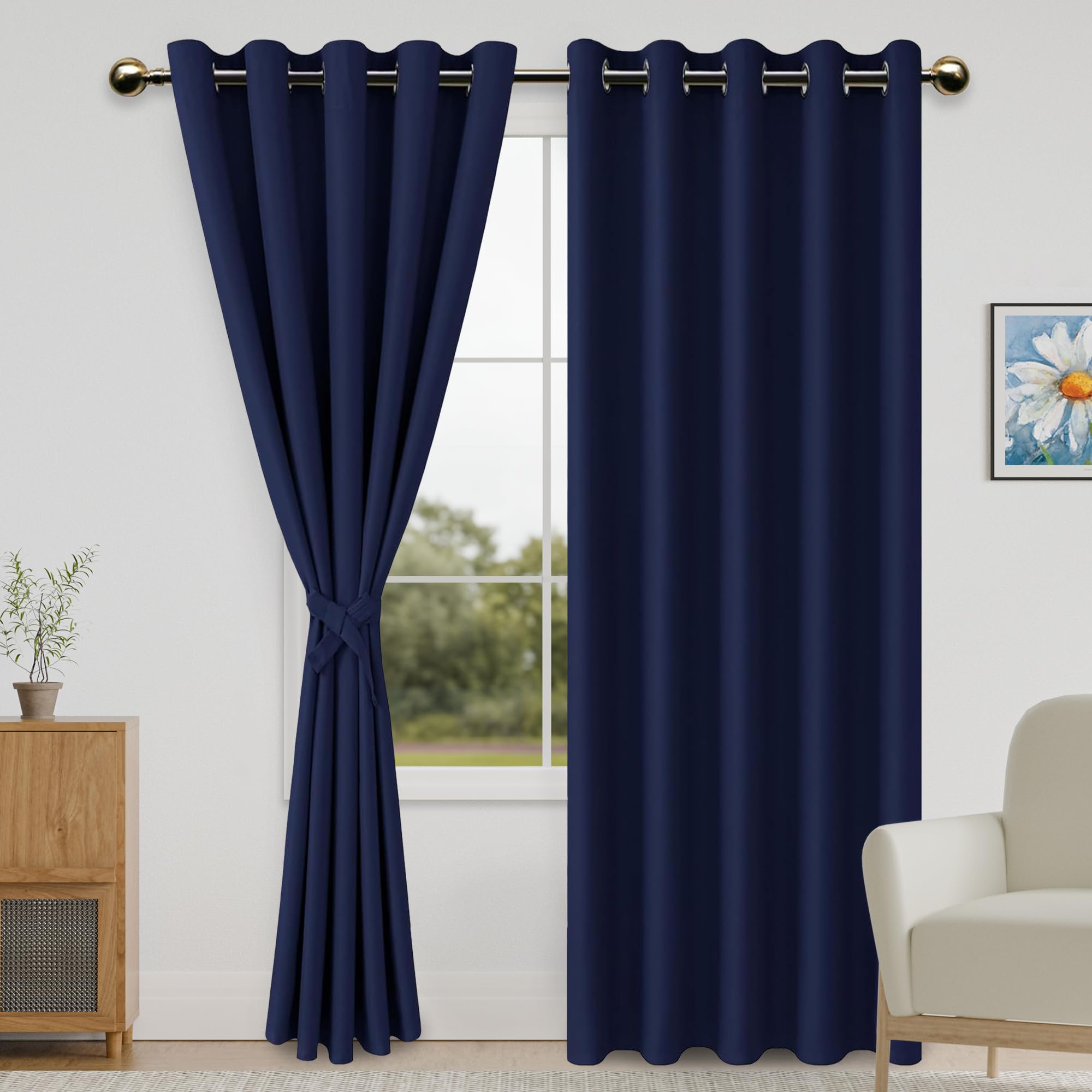 View 1 of **DIRT**DWCN Blackout Curtains for Bedroom - 60 x 84 Inches Long Thermal Insulated & Light Blocking Grommet Window Curtains for Living Room with Tiebacks, Navy Blue, 2 Drape Panels