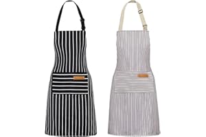 VALOME 2 Pack Cooking Kitchen Aprons, Soft Apron for Restaurant with Adjustable Neck Strap and Long Tie, 2 Pockets Chef Aprons for Cooking Baking Men Women