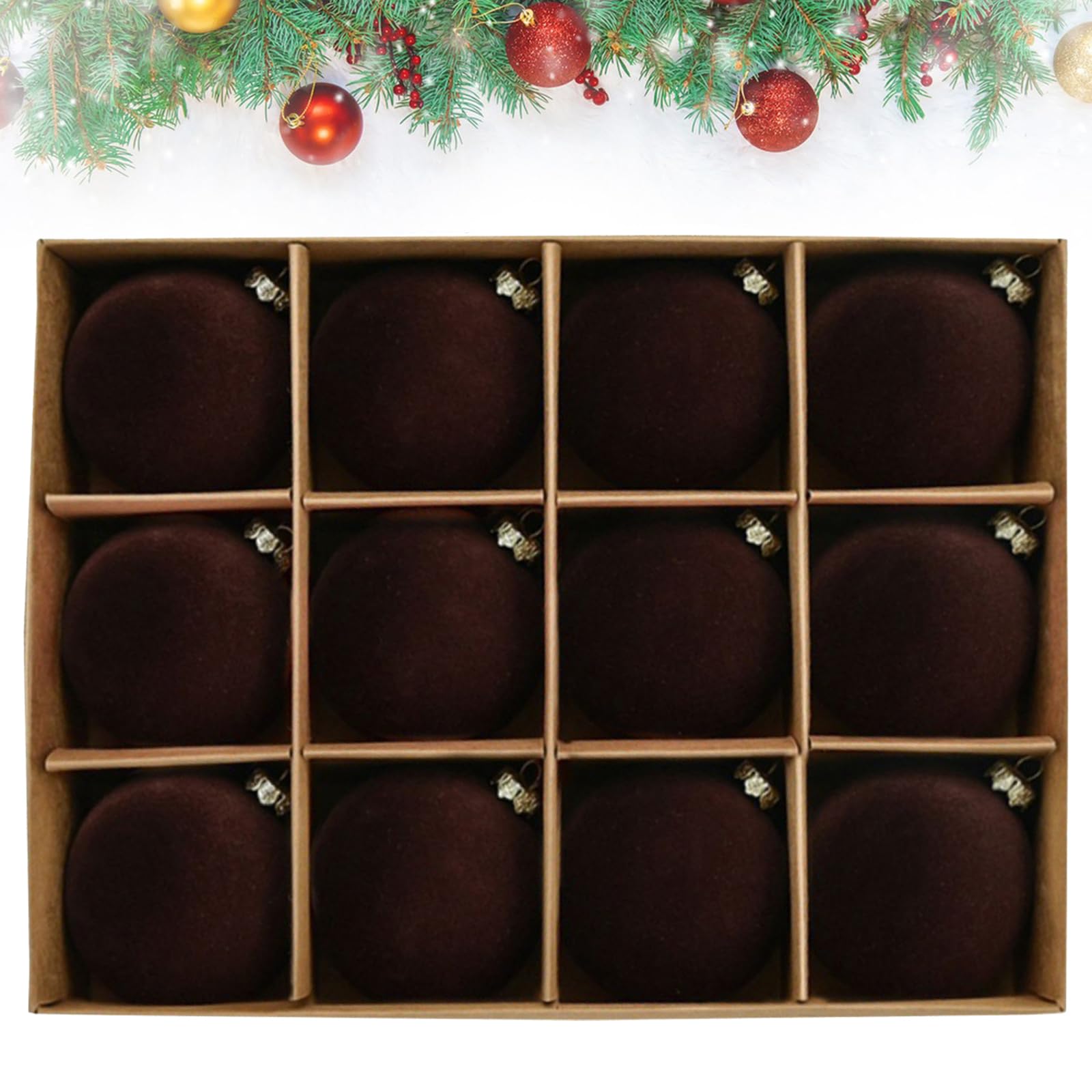Photo 1 of 12Pc 2.4Inch Velvet Christmas Ornaments - Shatterproof Hanging Balls - Neutral Textured Decorative Balls for Christmas Tree (Coffee)