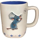 Rae Dunn Disney Pixar Ratatouille Remy Chef's Kiss Ceramic Coffee Mug with Blue Interior, Fleur-de-Lis Design, 14oz