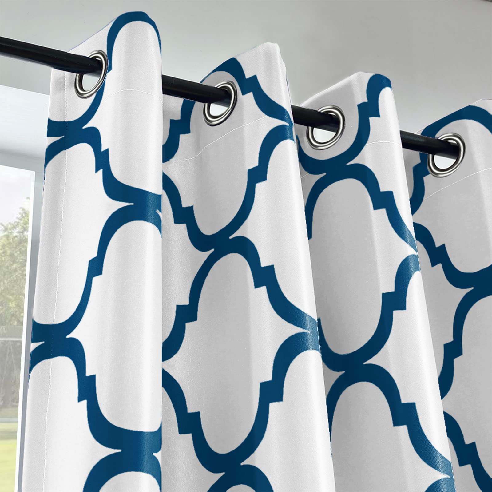 Melodieux Moroccan Fashion Thermal Insulated Grommet Room Darkening Curtains for Living Room, 52 by 63 Inch, Off White/Royal Blue (1 Panel)