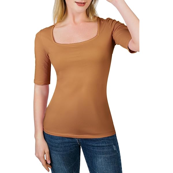 Gemolly Women's 3/4 Sleeve Cotton Tops Square Neck Soft Stretch