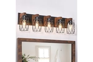 RVONOW 5-Light Farmhouse Bathroom Vanity Light, Wood Bathroom Lighting Fixtures Over Mirror, Black Bathroom Light Fixtures with Cage Metal Shade, Rustic Vanity Light for Bathroom, Hallway