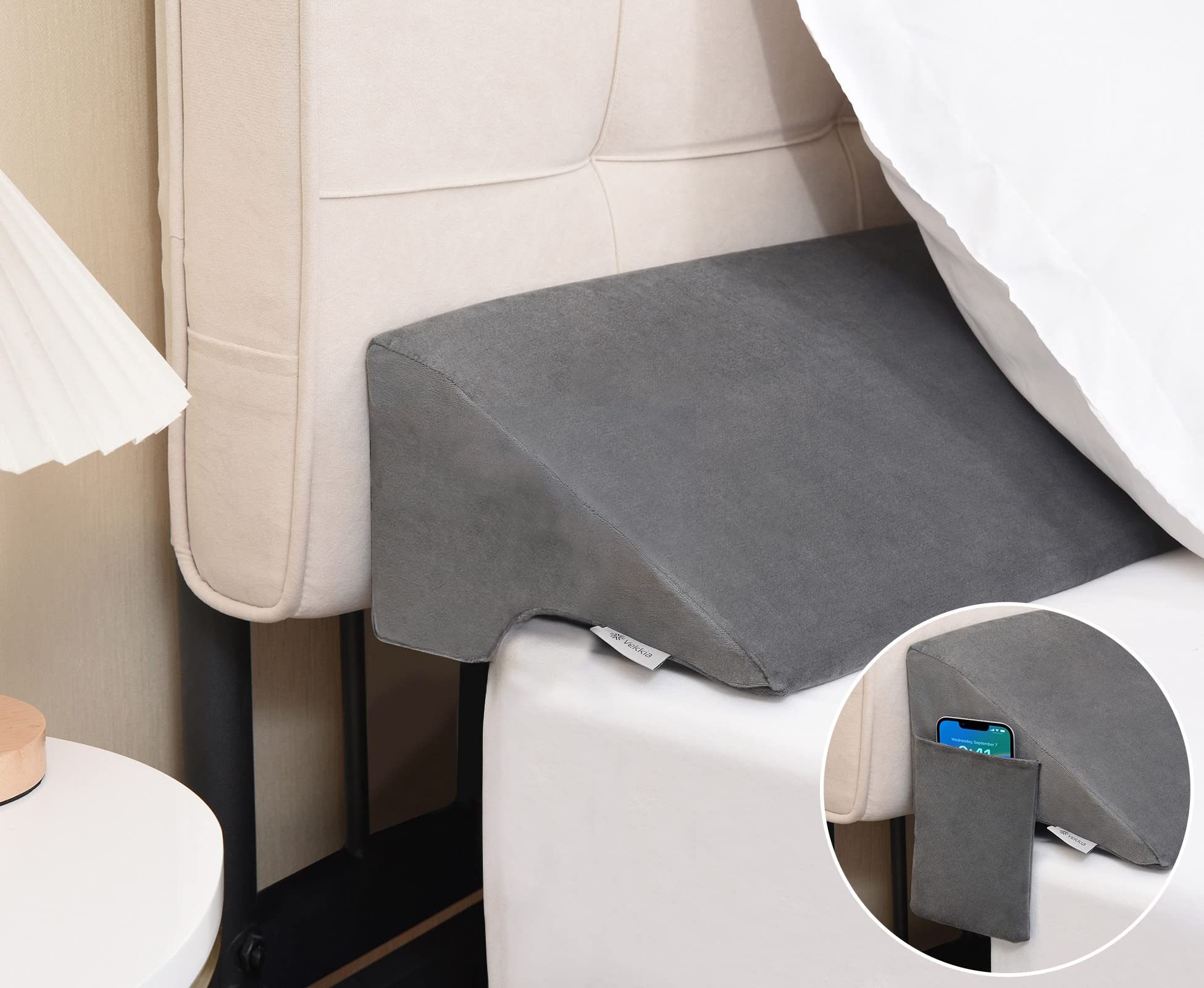 Photo 1 of Vekkia Queen Bed Wedge Pillow for Headboard Gap Filler(0-5"),High-Density Foam,Prevents Pillows & Items from Falling,Ergonomic Design,Large Storage Pockets, Removable&Washable Cover,Gray,60''x10 x6