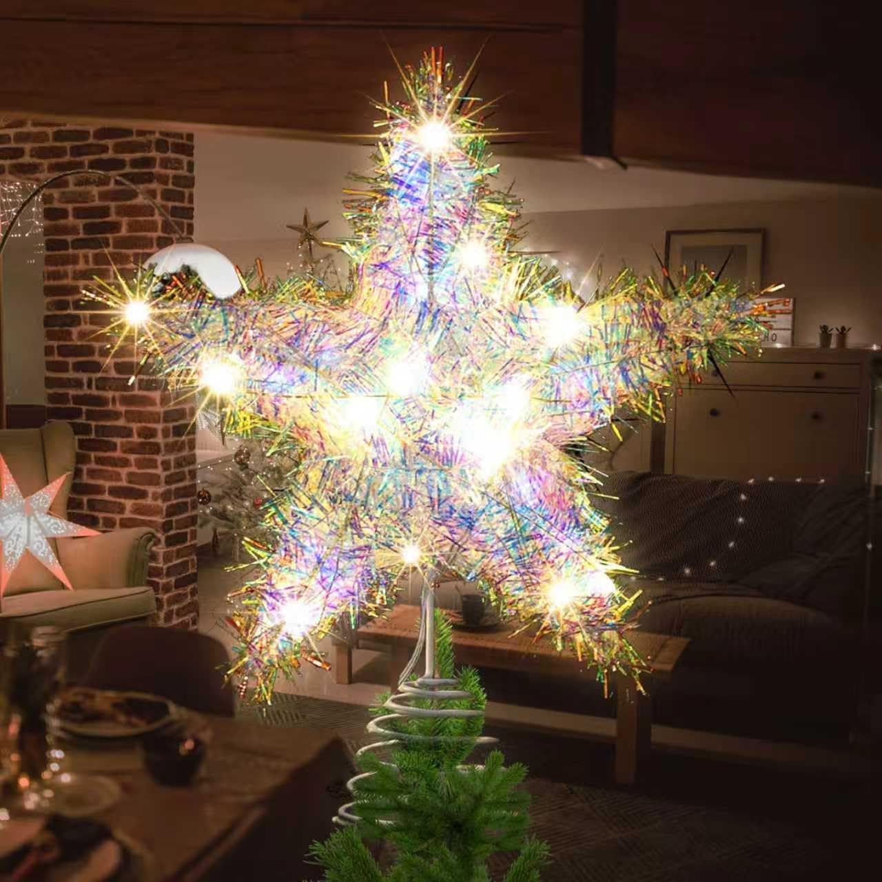 Photo 1 of 11.8'' Light-up Christmas Tree Topper Star, 20 Warm White LED Lights with Sparkling Yarn, Xmas Tree Top Decoration