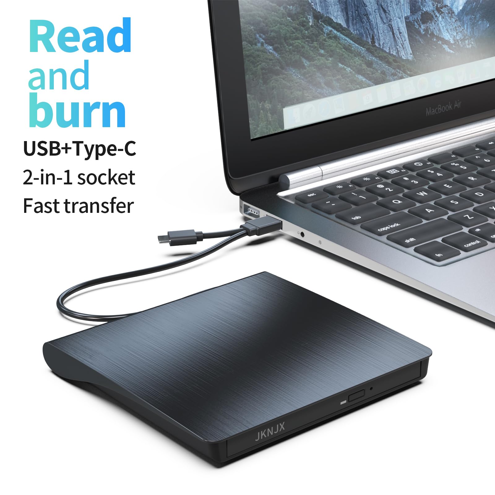JKNJX External DVD Drive,USB 3.0 and Type-C CD DVD Disc Reader Writer Burner Player,Slim and Portable CD DVD +/-RW Optical Drive for PC Laptop Desktop MacBook Mac Windows 7/8.1/10/11 Linux OS Apple