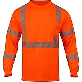 HIS ZEST Hi Vis Shirts for Men,Safety Long Sleeve Men's High Visibility Reflective Class 3 T-Shirt for Construction Work